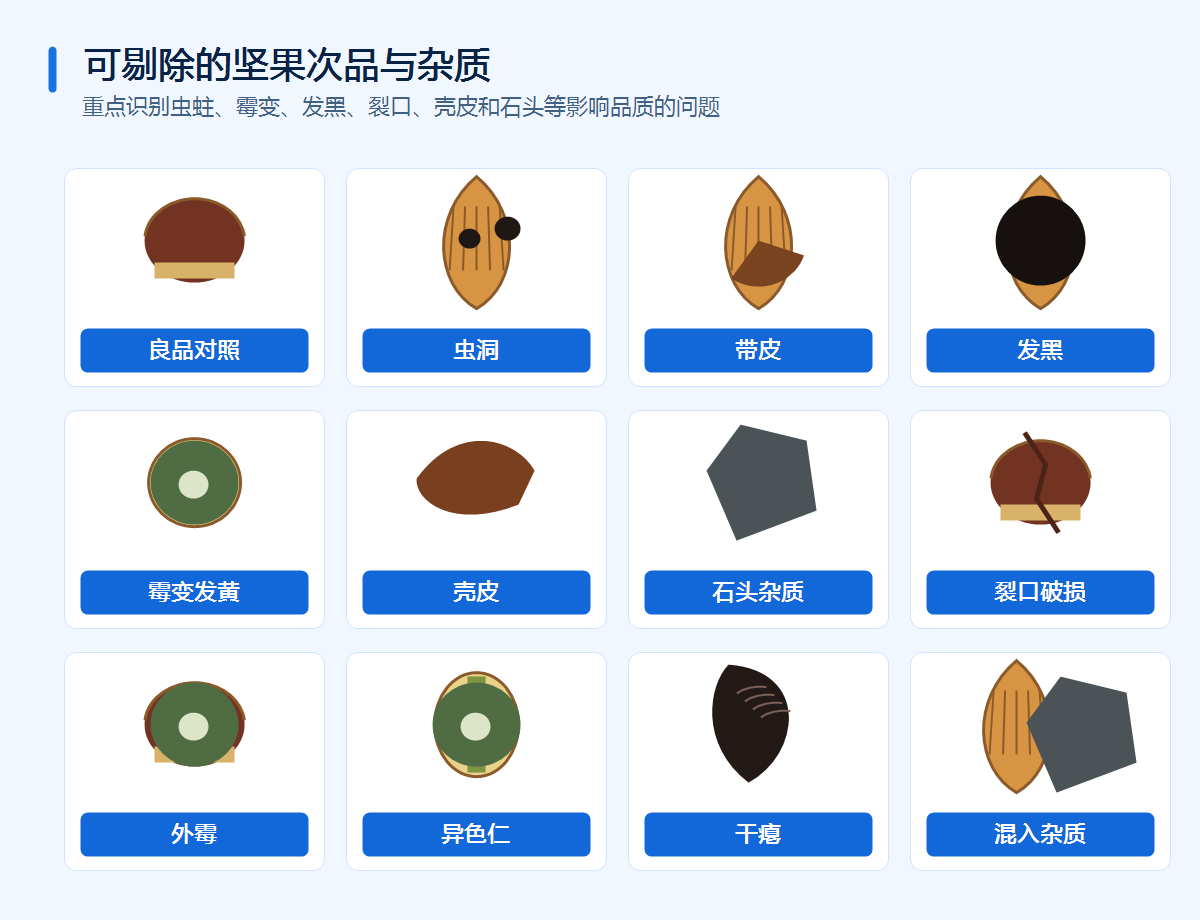 智利效坚果色选机可剔除的坚果次品与杂质图