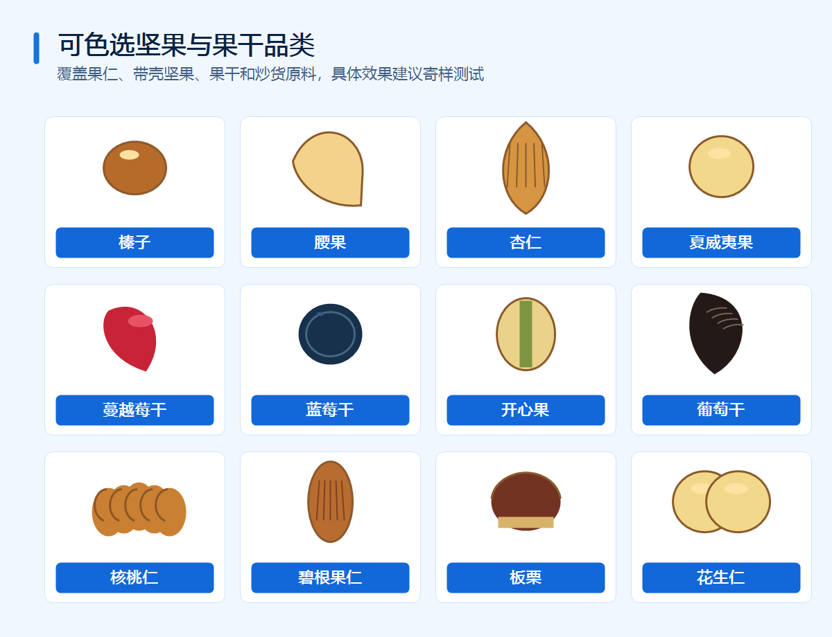 智利效坚果色选机可分选坚果与果干品类图